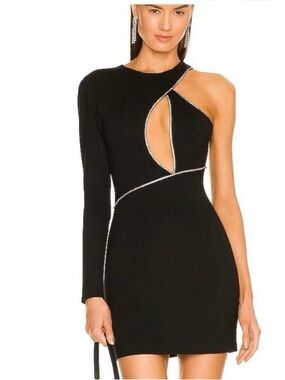 NBD Black One-Shoulder Cutout Mini Dress with Rhinestone Trim